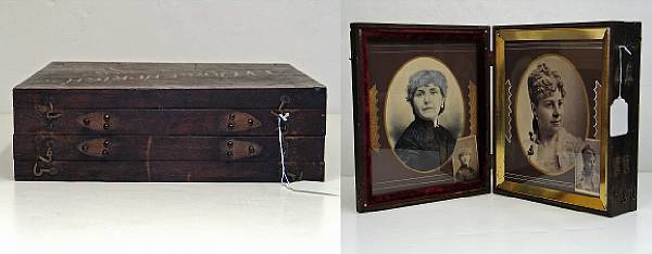 Appraisal: A walnut photograph salesman's display chest with photos late th