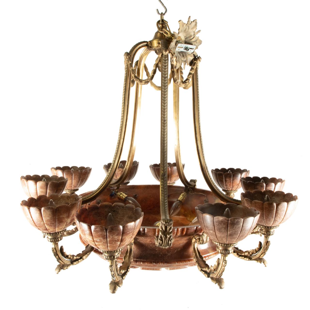 Appraisal: EMPIRE STYLE GILT BRONZE ALABASTER CHANDELIER Gilt bronze chandelier in