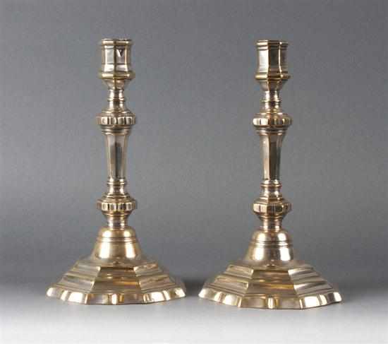 Appraisal: Pair of French silver-plated brass candlesticks Christofle late th century