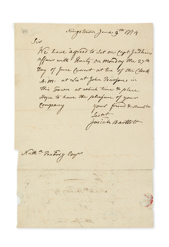 Appraisal: SIGNER BARTLETT JOSIAH Autograph Letter Signed to Nathaniel Peabody arranging