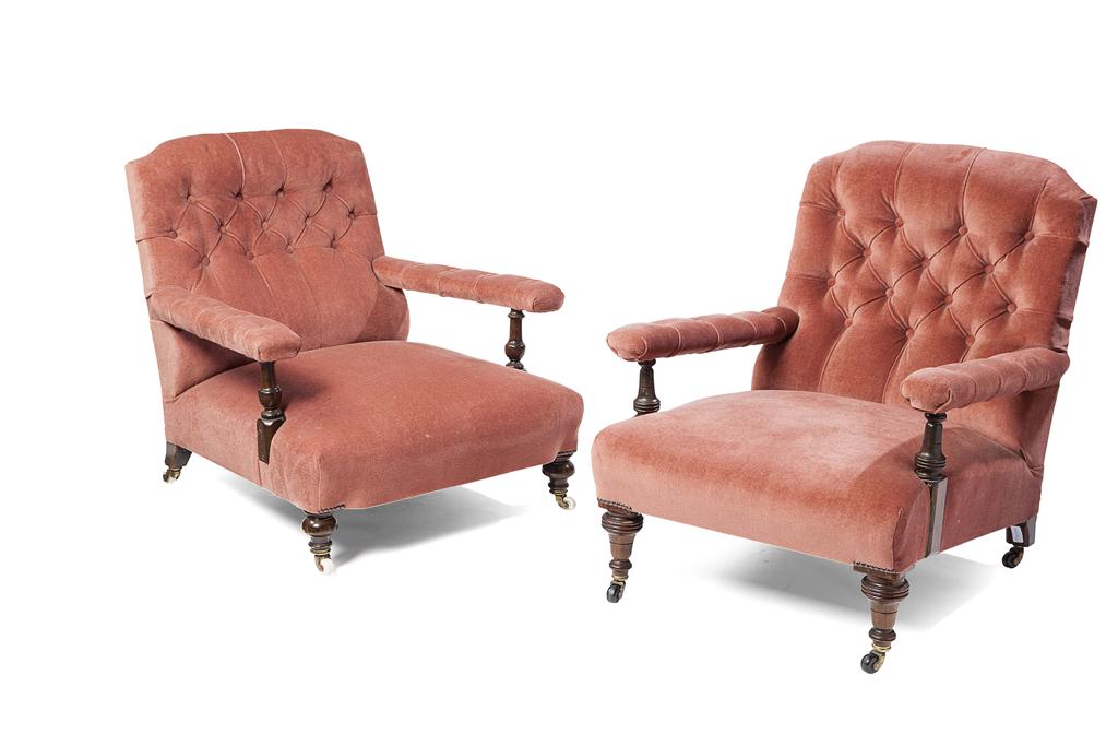 Appraisal: PAIR OF VICTORIAN BUTTON UPHOLSTERED EASY ARMCHAIRS LATE TH CENTURY