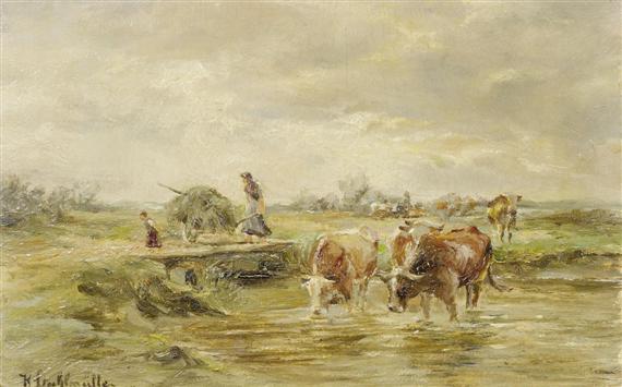 Appraisal: STUHLM LLER KARL Munich Landscape with cows Oil on cardboard