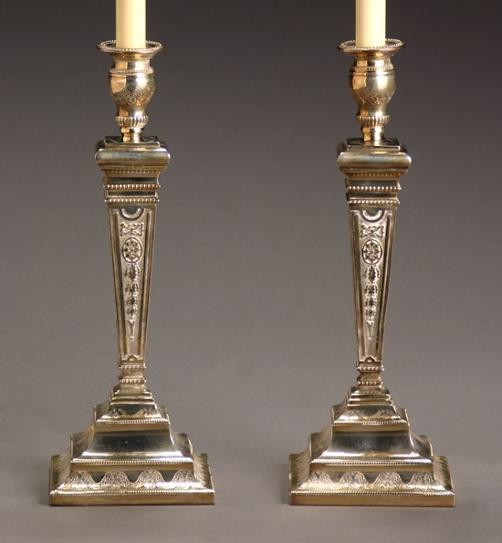 Appraisal: Pair of English Neoclassical Style Silver Plate Candlesticks th Century