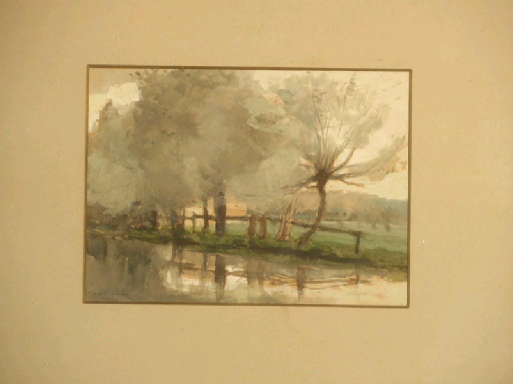 Appraisal: Clara Montalba - Tranquil riverscape with tree lined bank watercolour