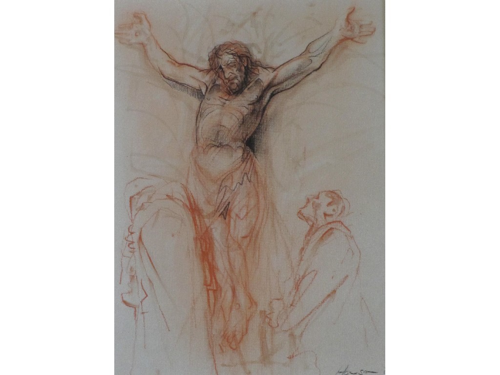 Appraisal: PETER HOWSON OBE b CHRIST ON CROSS Sanguine drawing signed