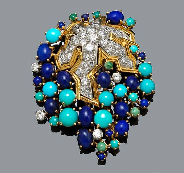 Appraisal: A diamond turquoise and lapis lazuli brooch Kutchinsky signed Kutchinsky