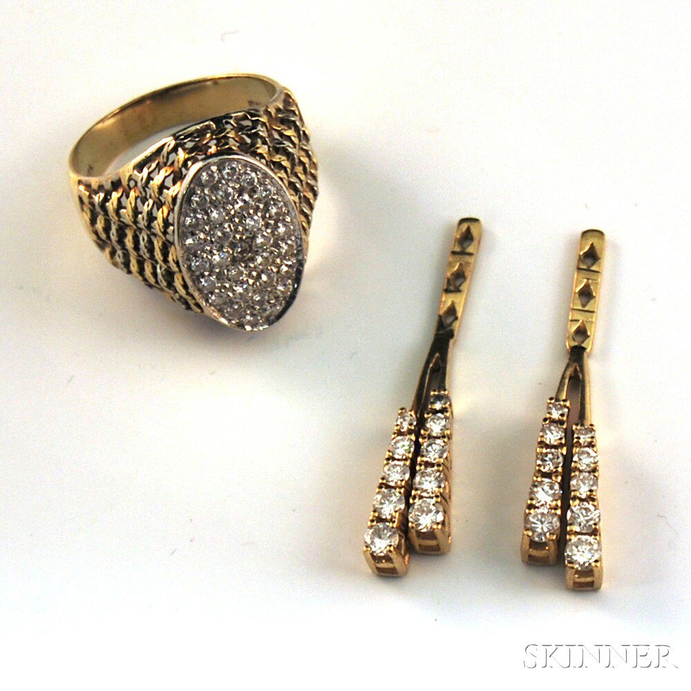 Appraisal: Three Pieces of kt Gold and Diamond Jewelry a pair