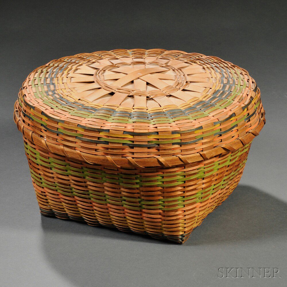 Appraisal: Paint-decorated Covered Splint Basket probably made by an Eastern Woodland