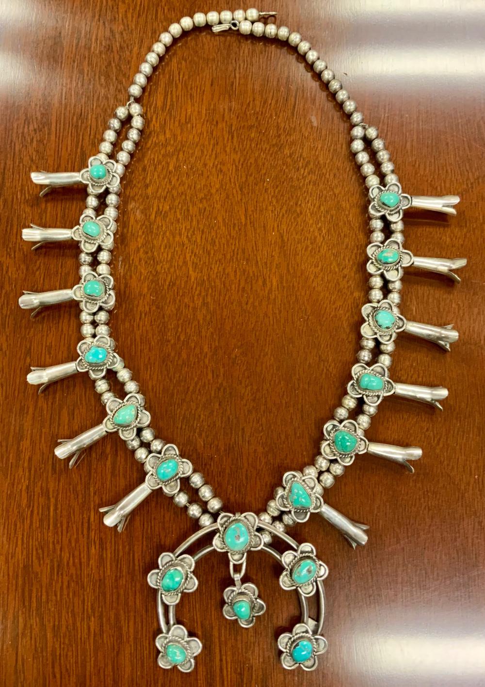 Appraisal: Southwest Silver and Turquoise Squash Blossom Necklace L of necklace