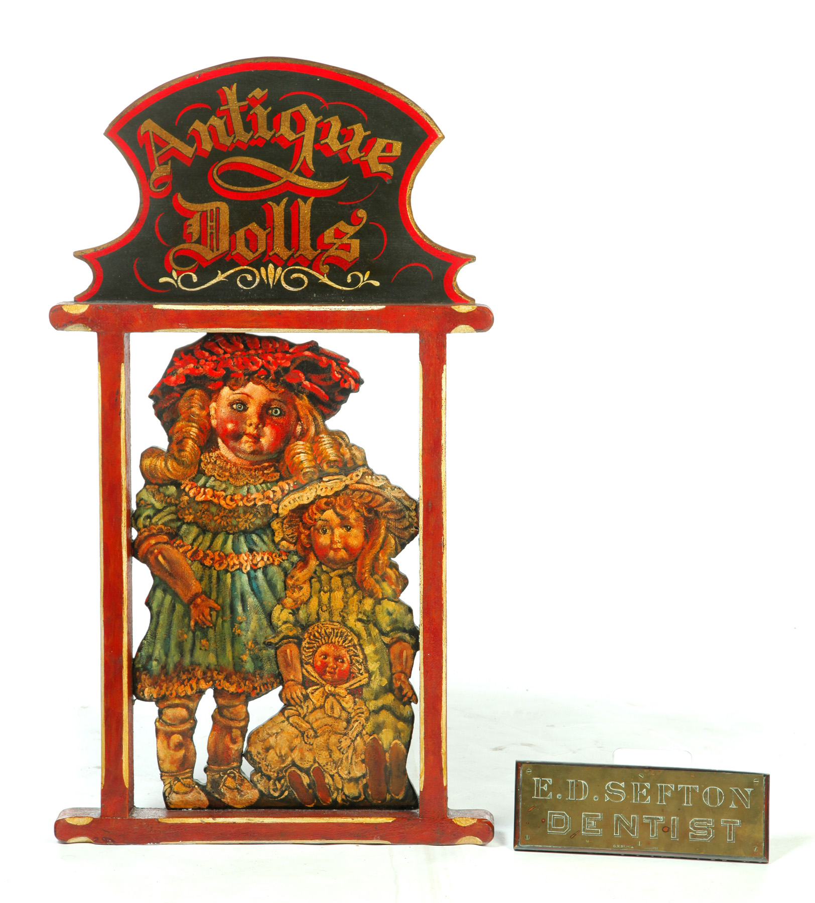 Appraisal: TWO ADVERTISING SIGNS American th century Antique Dolls wooden advertising