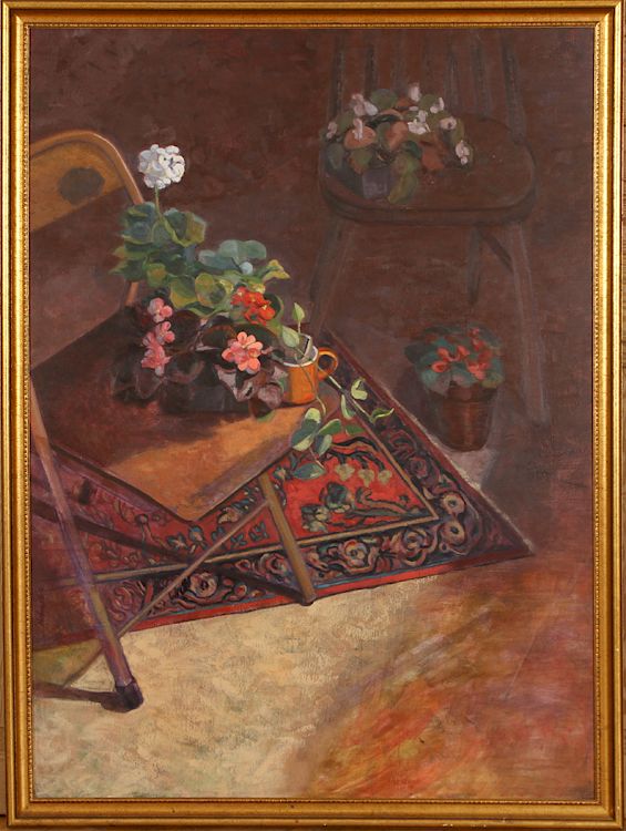 Appraisal: FLOWERS ON CHAIRS OIL ON CANVAS SIGNED th Century American