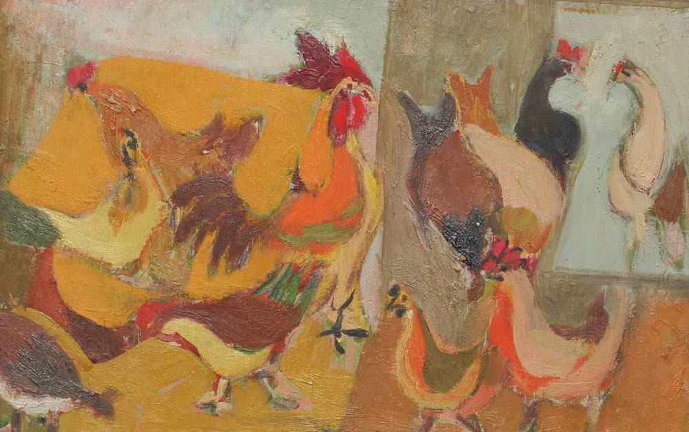 Appraisal: MODERNIST OIL ON MASONITE BARNYARD SCENE WITH HENS AND ROOSTER