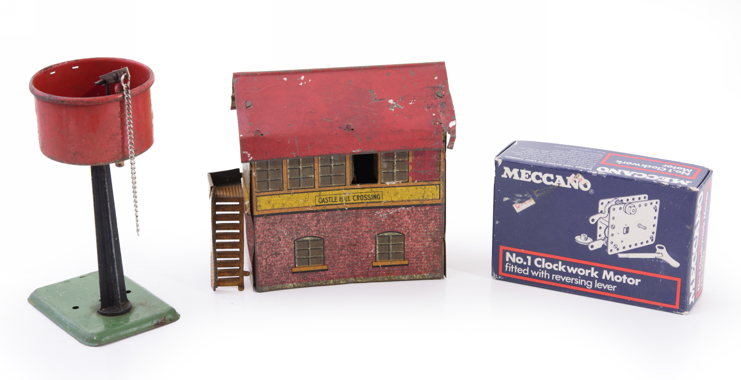 Appraisal: ASSORTED TRAIN ACCESSORIES INCLUDING MECCANO CLOCKWORK MOTOR WATER TOWER AND