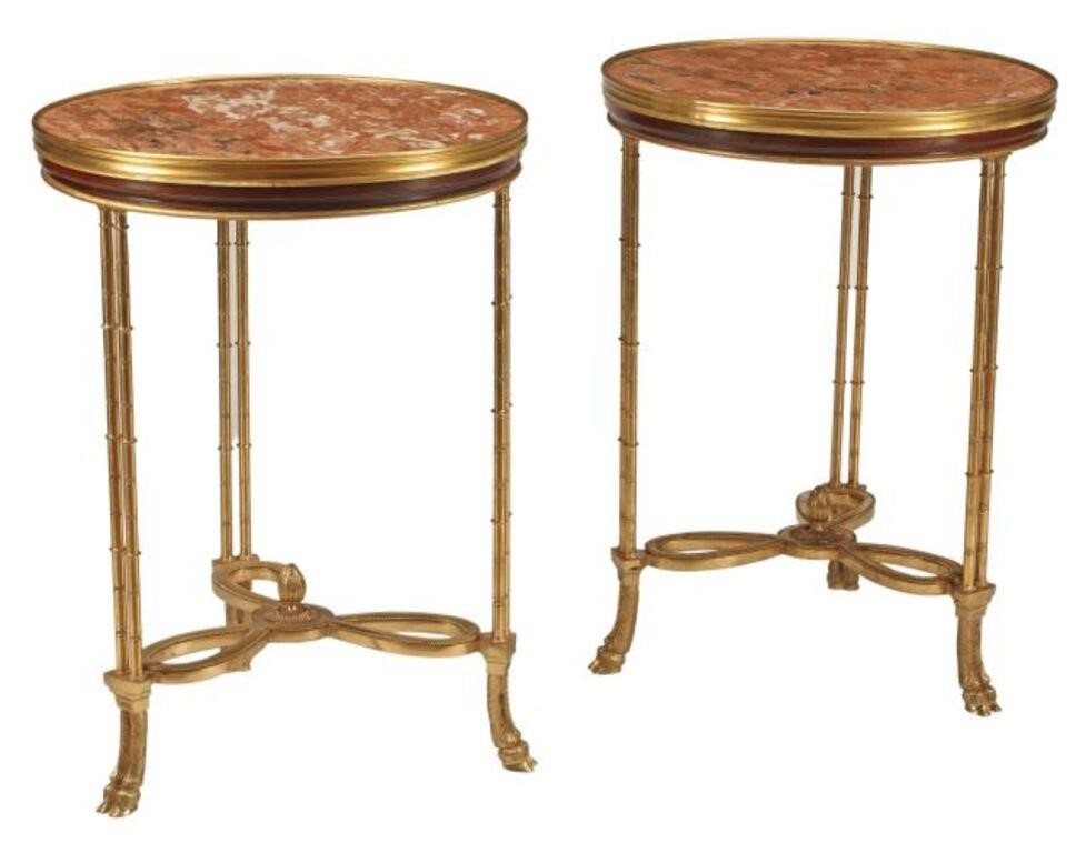 Appraisal: pair Neoclassical style bronze dore tables with marble top approx