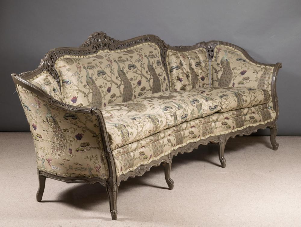 Appraisal: LOUIS XV STYLE SOFA carved wood frame with gray finish