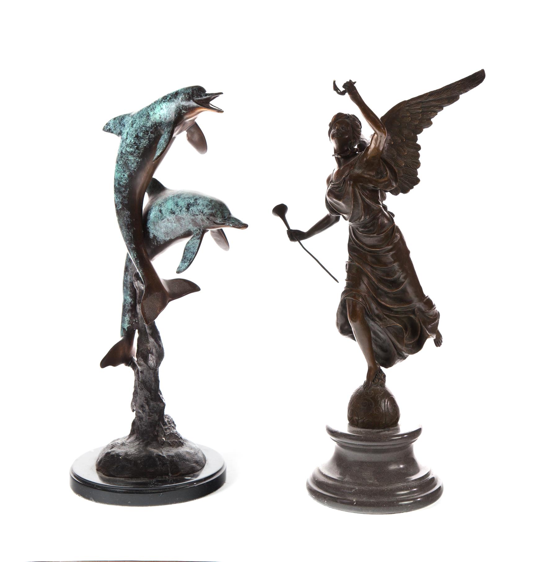 Appraisal: BRONZE FIGURAL GROUP OF DOLPHINS AND A SPELTER HERALD ANGEL