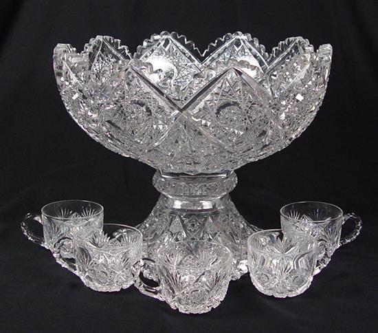 Appraisal: Hawkes Cut Glass Punch Bowl Five Cups th Century Signed