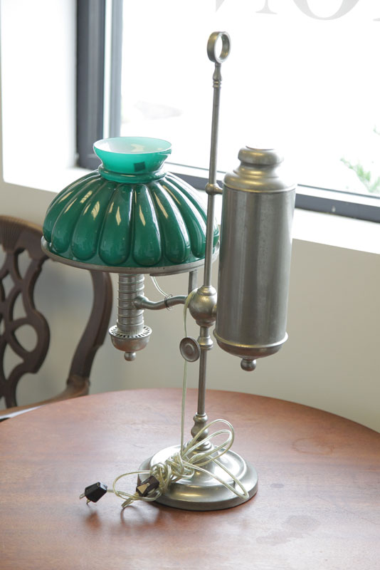 Appraisal: MANHATTEN STUDENT LAMP Nickel finish electrified student lamp With emerald