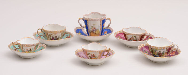 Appraisal: GROUP OF SIX MEISSEN PORCELAIN QUATREFOIL CUPS AND SAUCERS Four