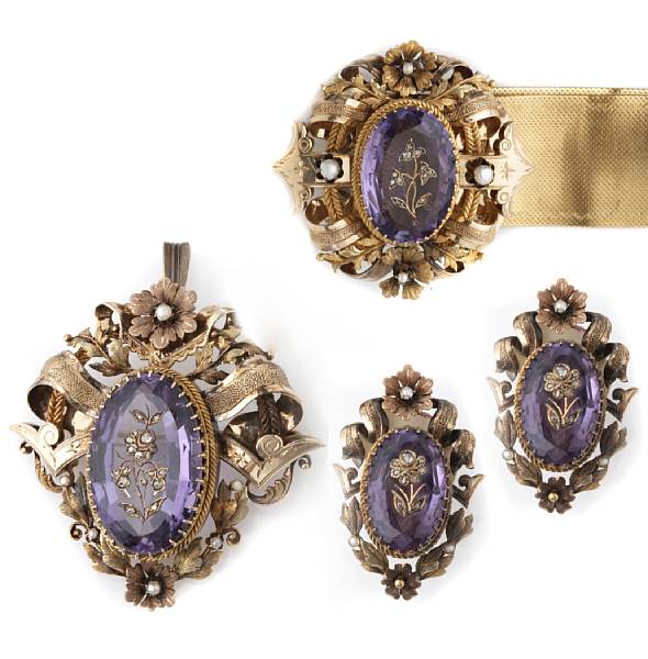 Appraisal: A suite of Victorian inlay amethyst and k gold jewelry