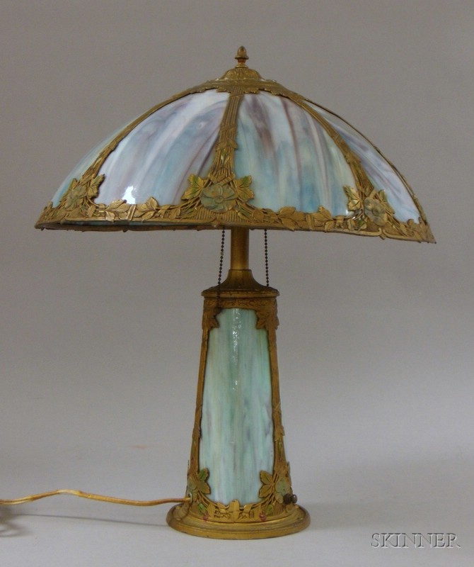 Appraisal: Painted Metal Overlaid and Bent Slag Glass Panel Table Lamp