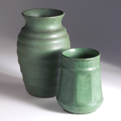 Appraisal: Two ZANESVILLE STONEWARE CO matt green pieces to include a