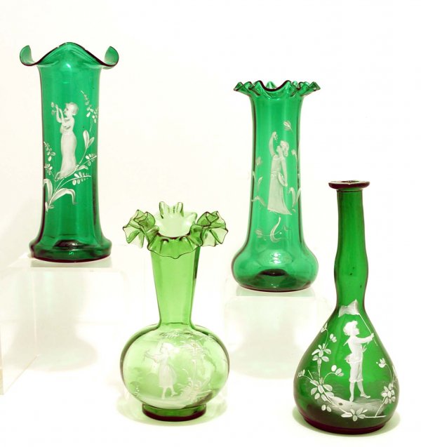 Appraisal: Four green Mary Gregory type blown glass vases One -