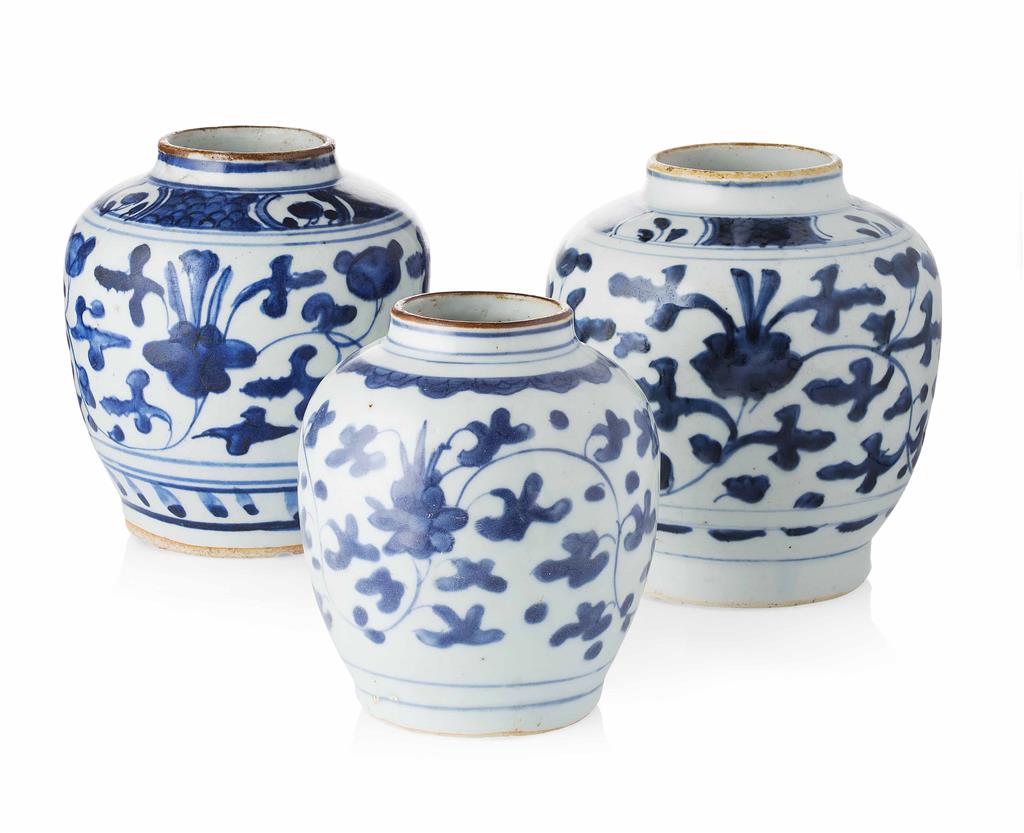 Appraisal: THREE BLUE AND WHITE JARS TRANSITIONAL PERIOD each of ovoid