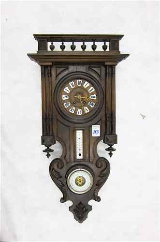 Appraisal: WALNUT THREE-FUNCTION WALL CLOCK French c featuring '' clock dial