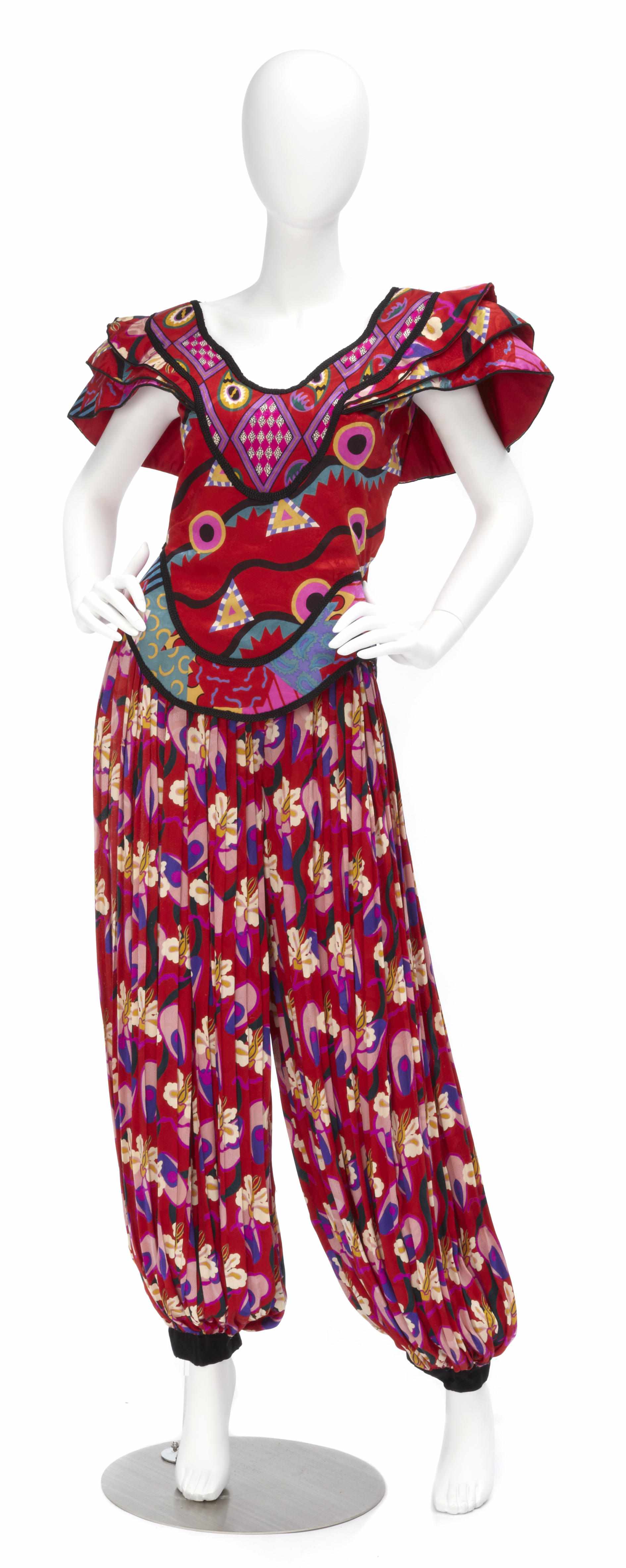 Appraisal: An Emanuel Ungaro red and multicolored ribbon trimmed short sleeve