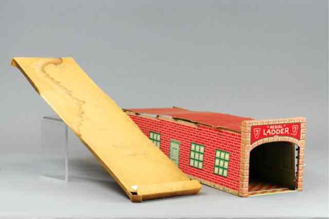 Appraisal: KINGSBURY BOXED FIRE STATION Scarce item features lithographed tin fire