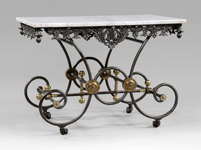 Appraisal: French iron pastry table marble top original heavy variegated white