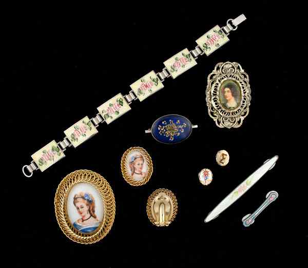 Appraisal: Enamel Painted Porcelain Costume Jewelry Collection An enameled bracelet stamped