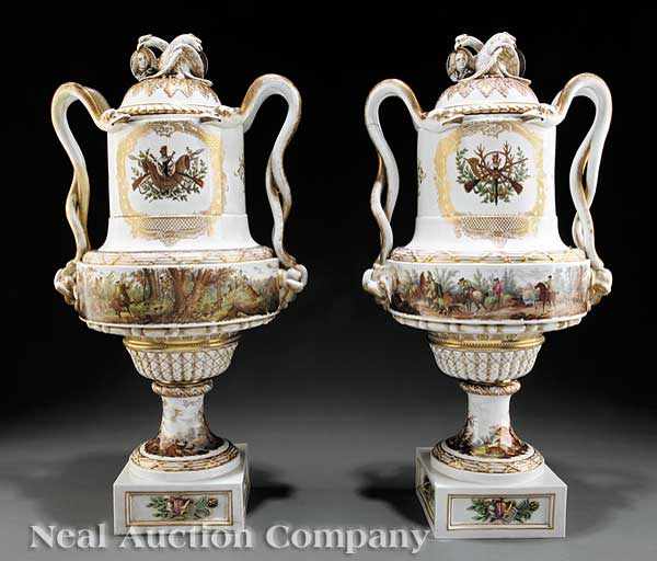 Appraisal: A Fine Pair of Meissen Porcelain Armorial Lidded Urns early