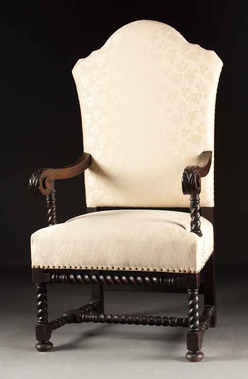 Appraisal: Louis XIV carved oak upholstered armchair th century with acanthus