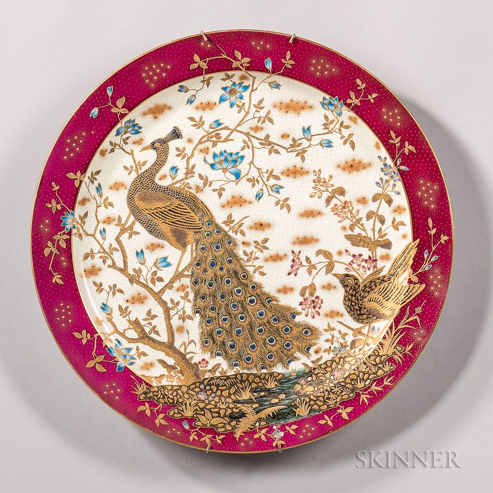 Appraisal: Hand-painted Porcelain Charger Hand-painted Porcelain Charger th century raised gold