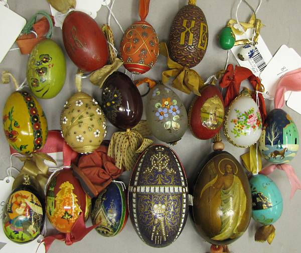 Appraisal: Four Russian lacquer boxes and collection of Russian Easter eggs