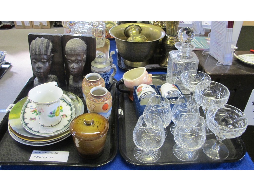 Appraisal: Two trays comprising plates crystal pair of African carved bookends