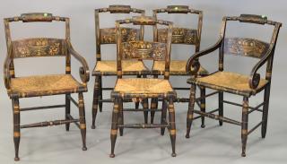 Appraisal: Set of five stenciled rush seat chairs arm and side