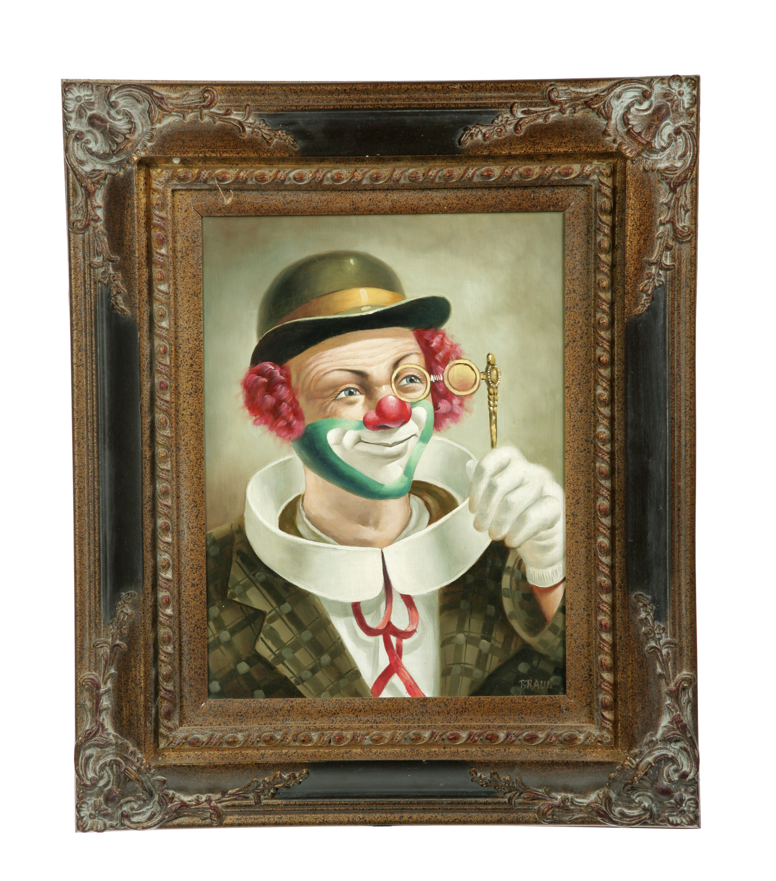 Appraisal: FRAMED OIL ON CANVAS OF A CLOWN SIGNED BRAUN American