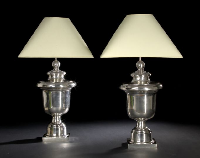 Appraisal: Large Pair of French Silverplated Nickel Table Lamps of campana