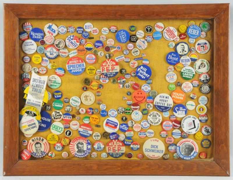 Appraisal: Large Grouping of Celluloid Political Buttons Framed under glass Includes