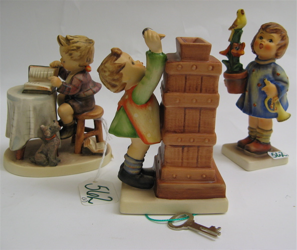 Appraisal: THREE GERMAN HUMEL FIGURINES all TM- Little Bookkeeper HUM -