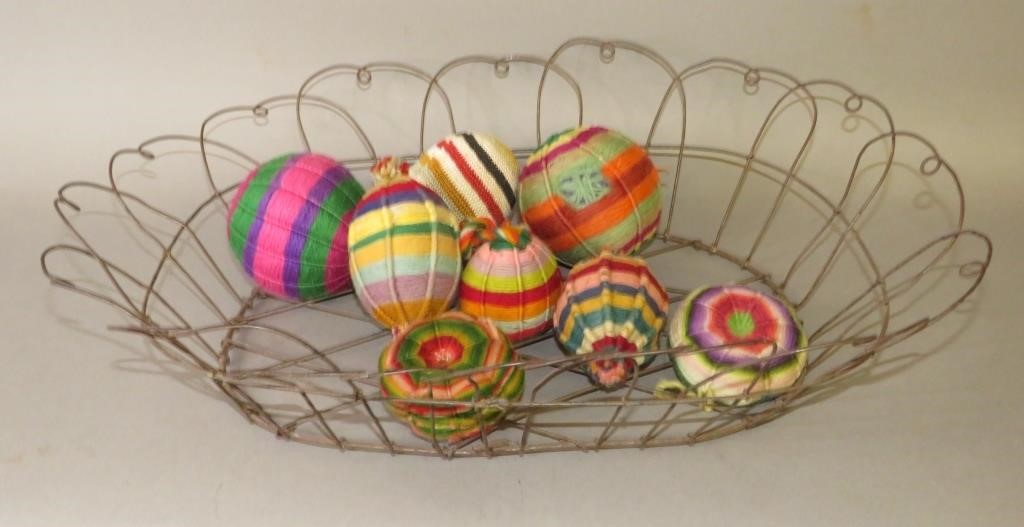 Appraisal: WIRE TABLE BASKET WITH COLORFUL SEWING NOTION PIca - fine