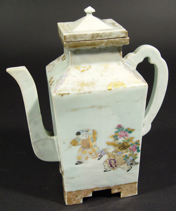 Appraisal: Oriental porcelain square bodied teapot and cover hand painted and