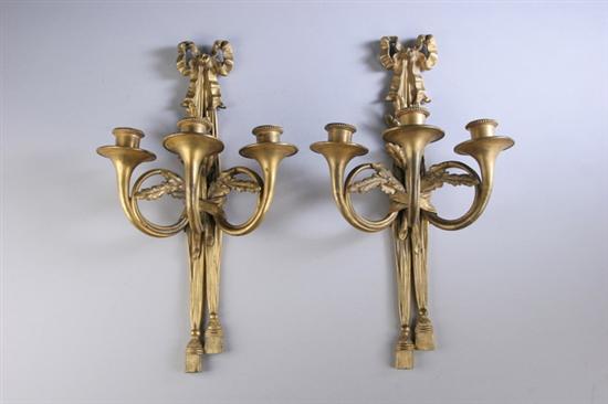 Appraisal: PAIR OF FRENCH LOUIS XVI-STYLE BRONZE DOR THREE-LIGHT SCONCES th