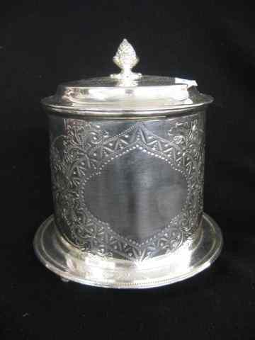 Appraisal: English Silverplate Biscuit Box footed ornate '' diameter '' tall