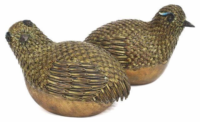 Appraisal: pair Chinese silver content unknown quail-form boxes filigree feathers with