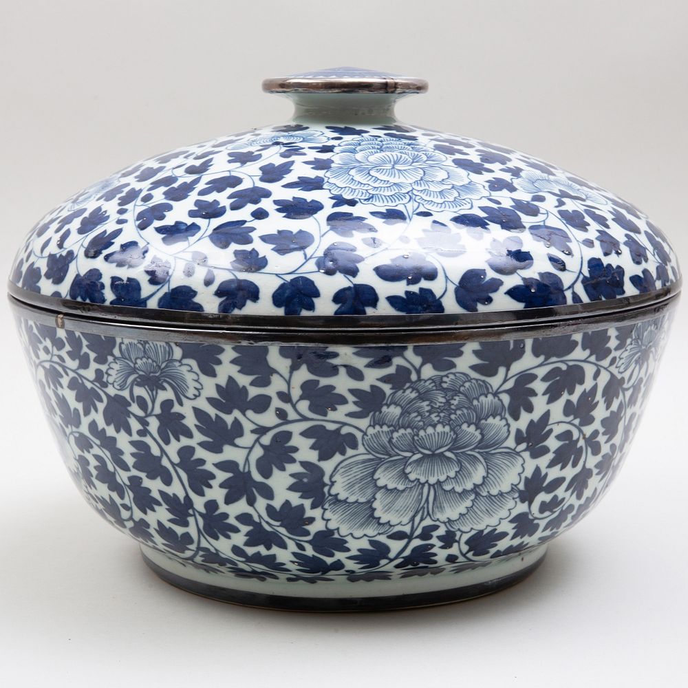 Appraisal: Large Chinese Metal-Mounted Blue and White Porcelain Bowl and Cover