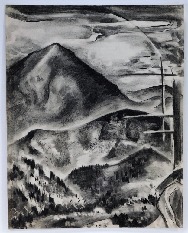 Appraisal: OTTO PLAUG MOUNTAIN LANDSCAPE CHARCOAL DRAWING New York Germany -